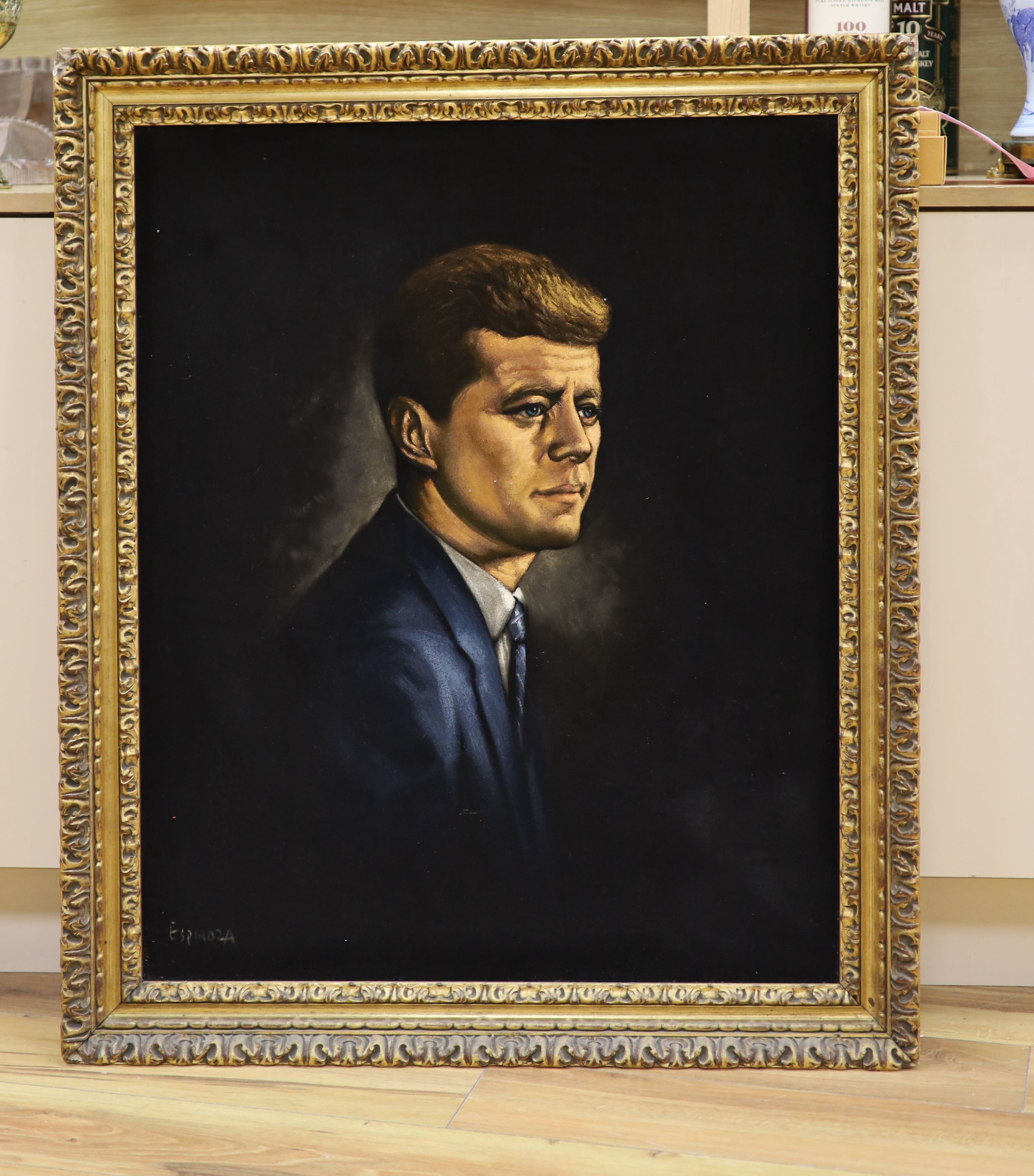 Espinoza, painted velvet, Portrait of President Kennedy, signed, 82 x 67cm